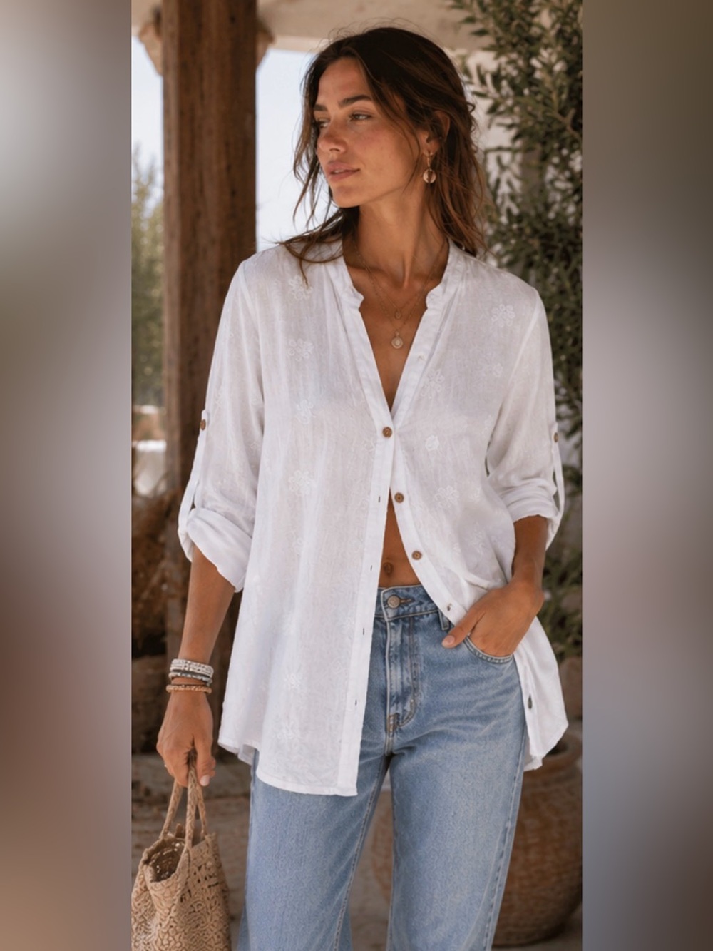 White Linen Rose Marine Embroidered Coastal Boho Top | Made In Italy, Size L